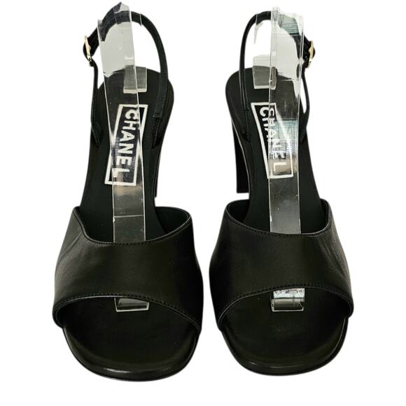 Chanel 24P CC Slingback Heel Sandal Size 38 US 7 7.5 Black Leather Block Heel - Picture 3 of 14